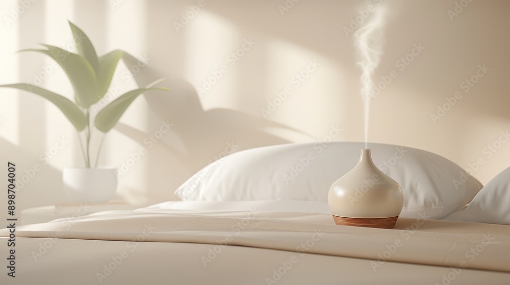 Poster a serene bedroom scene featuring a diffuser releasing aromatic mist beside a plant and soft pillows,
