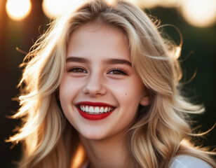Fototapeta premium girl 18-22 years old with long blonde hair smiles brightly while outdoors. She wearing red lipstick and her hair is slightly windblown. Sunny weather. Portrait of happy joyful young Caucasian woman AI