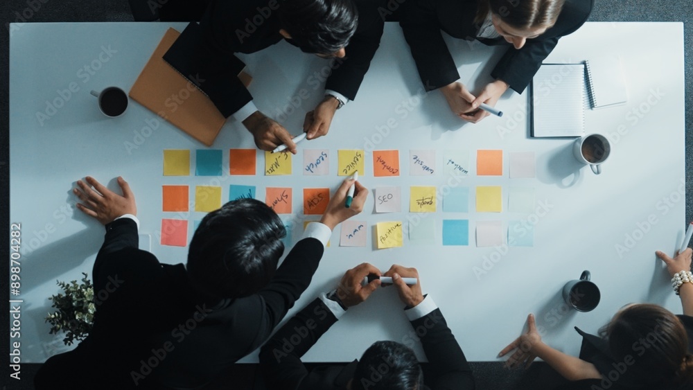 Poster top down aerial view of manager discuss and choose marketing idea from sticky notes. group of busine