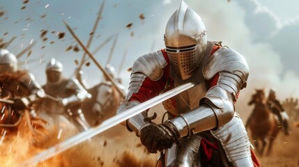 A fierce knight charges into battle, sword in hand, amidst the chaos of a dramatic medieval conflict.