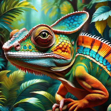 Firefly Portrait, a Chameleon in a rainforest, vibrant colours, 3D, acrylic painting