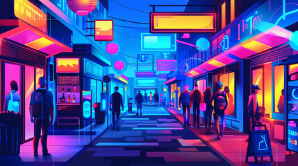 Fototapeta premium Futuristic neon-lit street market, dynamic energy, sleek design, vibrant colors