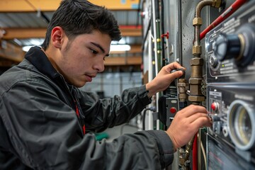 Waist up photo of a Hispanic male technician checking the pressure levels on the washing machine in a laundry room.
