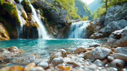 Obraz premium A stunning mountain waterfall cascading into a clear turquoise pool surrounded by rugged rocks and lush greenery, forming a breathtaking and refreshing natural scene.