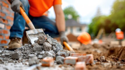 A close-up shot of a construction worker in an orange shirt, shoveling broken bricks and concrete at a construction site, with blurred background elements.