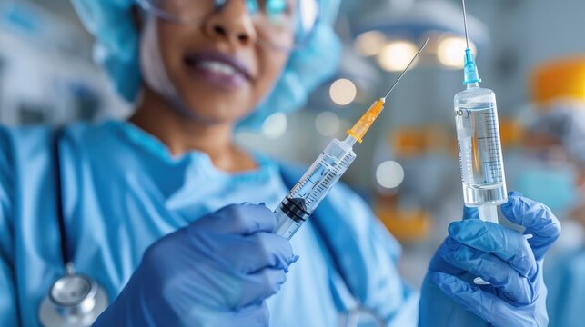 A medical professional wearing blue scrubs and gloves holds two syringes prepared for an injection, in a clinical setting, illustrating the precision and care involved in medical procedures.