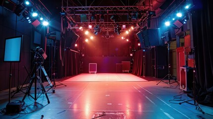 Studio performance backdrop with professional lighting, dynamic and energetic locale