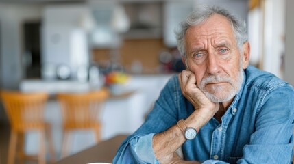 An elderly man wearing a denim shirt is seated at home, resting his face on his hand with a pensive expression, evoking contemplation and introspection in a domestic setting.