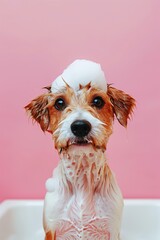 Cute puppy getting a bath with foam on its head against a pink background