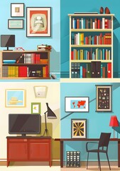 Home Office Interior Design Illustration with Bookshelves and Desk