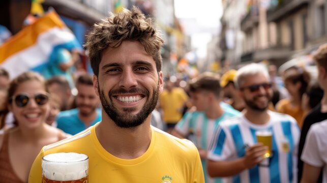 A vibrant street festival features a young man smiling and holding a beer, with festive flags and cheering crowds in the background, creating a joyous atmosphere.