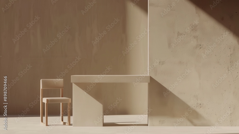 Poster a single chair and table are positioned in a minimalist interior space, bathed in sunlight filtering
