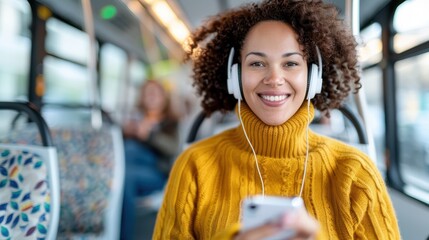 A woman wearing a yellow sweater and headphones is happily listening to music while commuting on a bus, showcasing a cheerful urban lifestyle and vibrant energy.