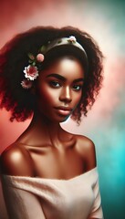 Fototapeta premium beautiful 20-year-old African American woman. The background is a dreamy blend of reds, turquoise, and peach, creating a serene atmosphere. 