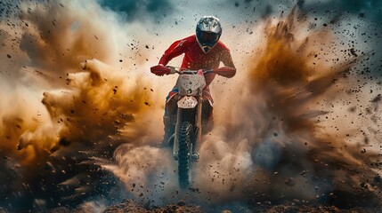 Fototapeta premium Motocross rider creates a huge cloud of dust and debris