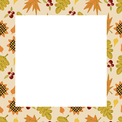 Vector fall season decorative frame with hand drawn autumn leaves and mushrooms.