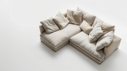 A white sectional sofa with multiple pillows arranged on top, photographed against a white background. Generative AI