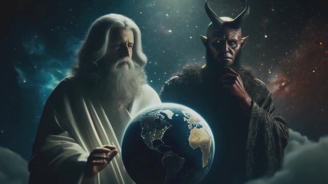 God watching over or creating earth, while devil Satan watches. Genesis, world creation, good vs evil concepts. Christian religious illustration video.
