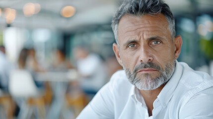 A serious-looking man with distinguished gray hair and a well-groomed beard wearing a white shirt, captured in a contemplative moment in a bustling cafe setting.