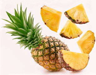 a lots Falling Pineapple whole and slice isolated on white background.