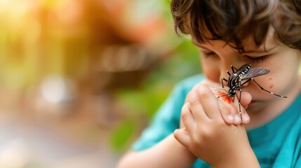 Obraz premium A close-up of a child holding their hands together, deep in thought, with a blurred background of nature in the golden light of the setting sun creating a serene atmosphere.