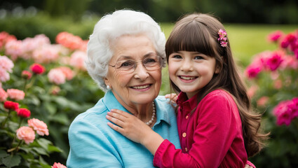 Obraz premium Close-up portrait of grandmother and granddaughter with flowers in background