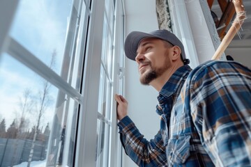 Construction worker in a plaid shirt and cap inspects installed windows in a residential house. Home renovation, window installation, quality control, construction industry, residential building.