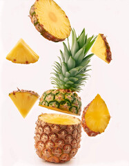 a lots Falling Pineapple whole and slice isolated on white background.