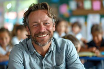 Fototapeta premium Smiling male teacher in a classroom filled with young students during an engaging lesson. Education, classroom environment, teacher-student interaction, learning, primary school concept.