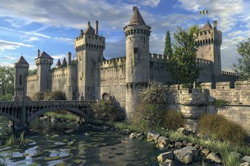Obraz premium A medieval-style castle with a stone bridge spanning across a serene river
