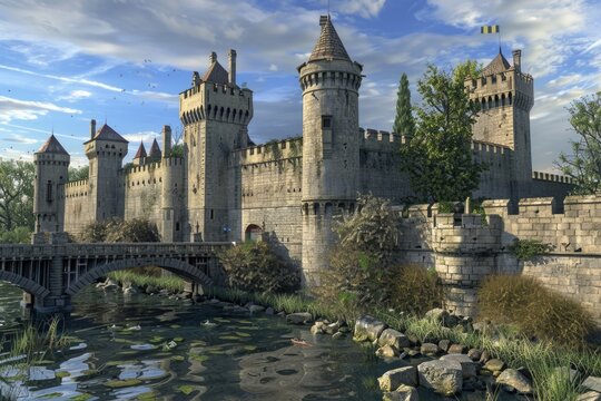 A medieval-style castle with a stone bridge spanning across a serene river