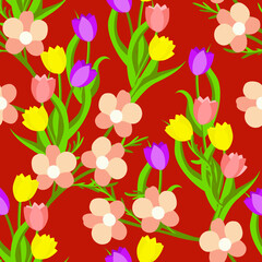 Vector - orchid flowers with leaves seamless pattern.