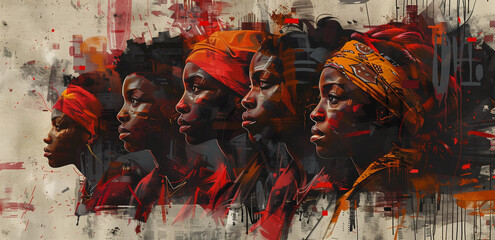Artistic depiction of five women in ethnic headscarves in profile against an abstract background. Cultural heritage, diversity, traditional attire, fine art, modern expression, portraiture.