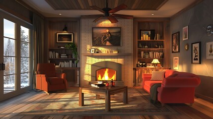 Ceiling fan home interiors living room with decor sofa chair fireplace