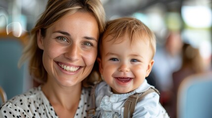 Fototapeta premium A smiling woman holds her radiant baby on a bus, highlighting a touching moment of bonding and delight between mother and child during their urban journey.