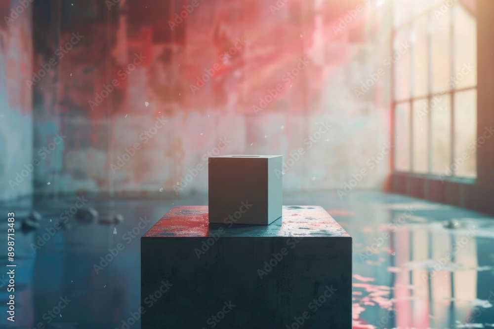 Poster a small white box sits atop a gray concrete block, providing a minimalist backdrop for creative uses
