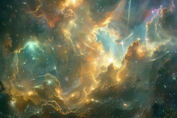 Fototapeta premium aweinspiring celestial vision of radiant beings descending through swirling nebulae surrounded by shimmering auroras and cosmic symbolism