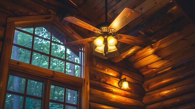 Ceiling fan in a log cabin with light fixture