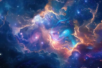 Obraz premium aweinspiring celestial vision of radiant beings descending through swirling nebulae surrounded by shimmering auroras and cosmic symbolism