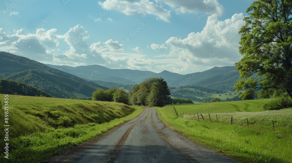 Canvas Prints A dirt road winds through a green field, with distant mountains on the horizon