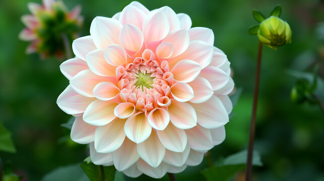 Beautiful pale pink and cream colored dahlia flower in full bloom, with soft green leaves in the background