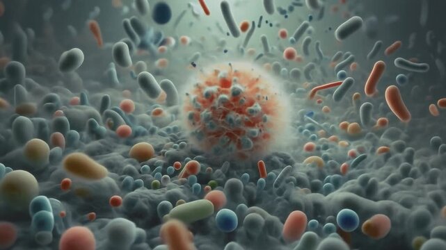 Water drop under the microscope. Microscopic world animated background. Microcosm with forms resembling bacteria, parasites, single cell organisms, algae, fungi, e.coli, unicellular protist or virus
