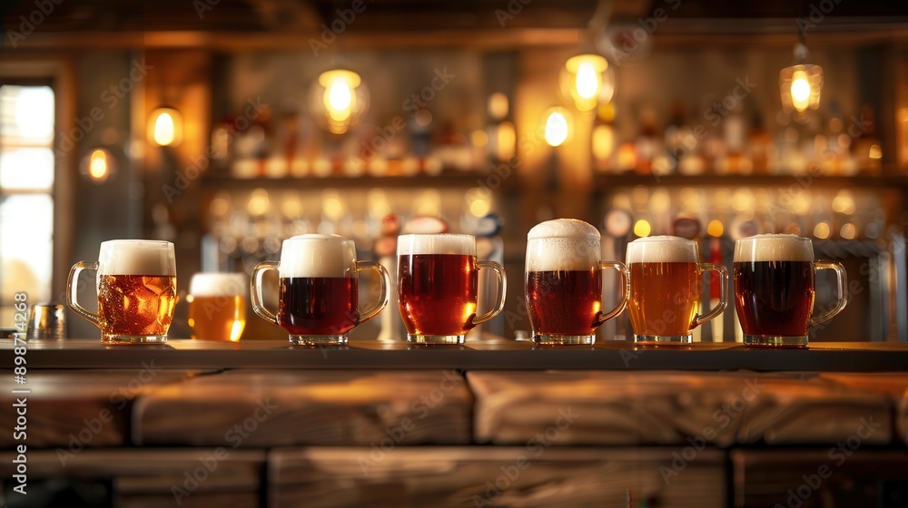Poster A row of six full beer mugs with various types of beer sit on a bar counter in a dimly lit pub setting. Generative AI