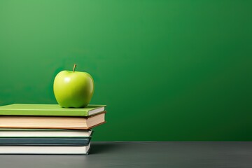 minimal sour green apple on top of books, in the style of bright colored backdrops with copy space above