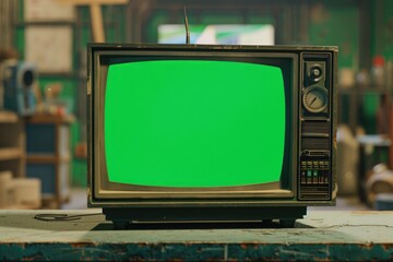 A green screen television sitting on a table, ideal for chroma keying or as a decorative prop