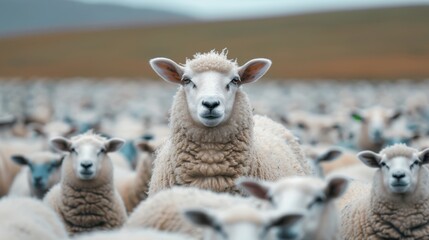Obraz premium A prominent sheep gazes directly at the camera, with a natural, scenic background, standing out amid an attentive flock, symbolizing leadership in a group setting.