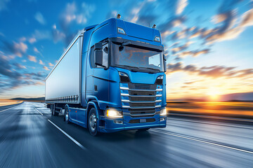 New Blue semi-truck with white cargo trailer on highway, blur speed motion, copy space
