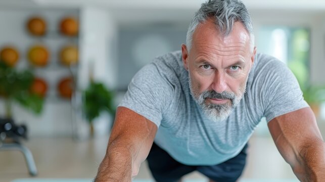 A fit, middle-aged man is focused on performing push-ups while in a brightly lit yoga studio, symbolizing dedication, strength, and the importance of physical fitness.