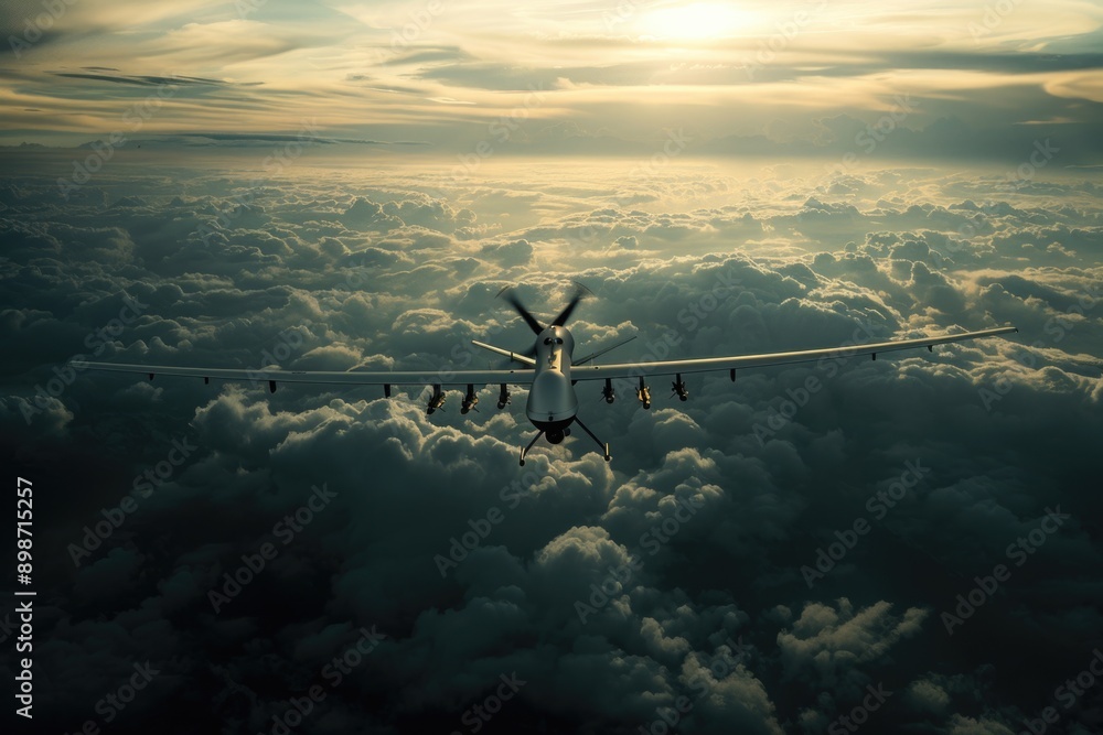 Poster a plane flies through a cloudy sky with a sunny background