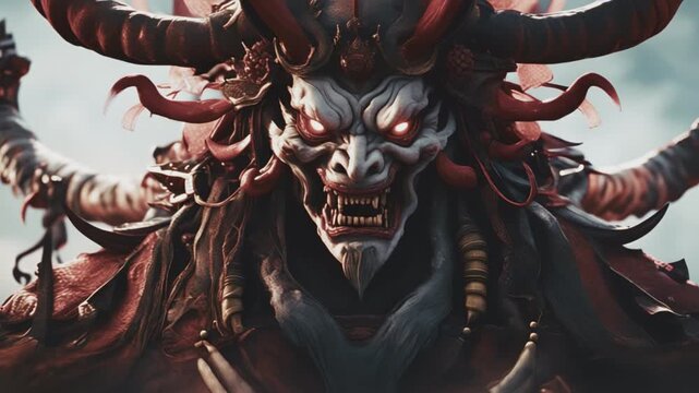 Scary Asian demon thorny monster king, with many thorns and glowing eyes. Cinematic horror fantasy 3d vfx animation. 